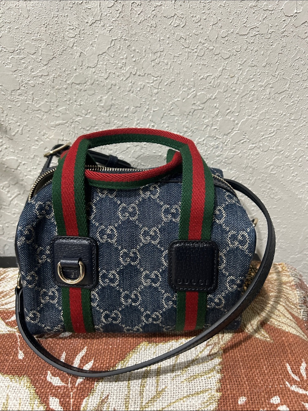 Gucci Blue Denim Mini Boston with Red & Green Web Straps